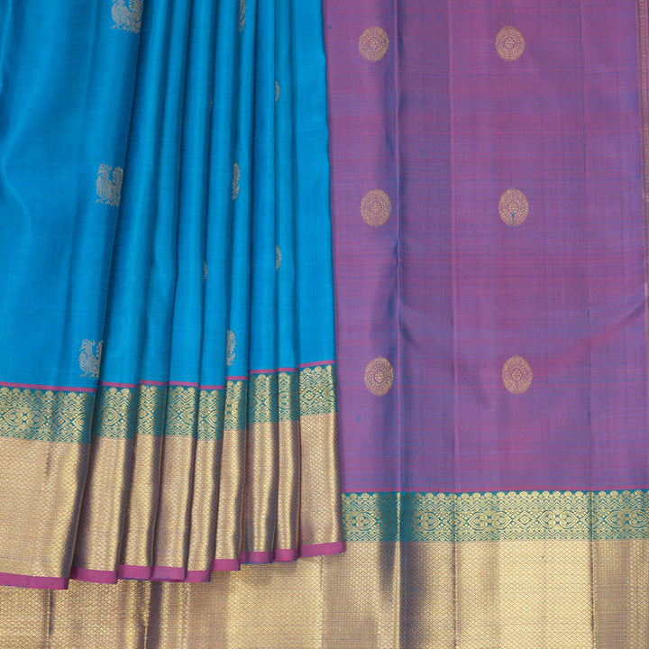 Hayagrivas Handloom Sky Blue Kanjivaram Silk Saree with Purple Border KBF969I6-2