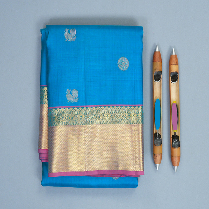 Hayagrivas Handloom Sky Blue Kanjivaram Silk Saree with Mild Pink Border KBF969I6-3