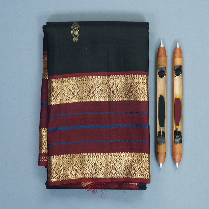 Hayagrivas Handloom Black Kanjivaram Silk Saree with Dark Maroon Border KBF969I6-7