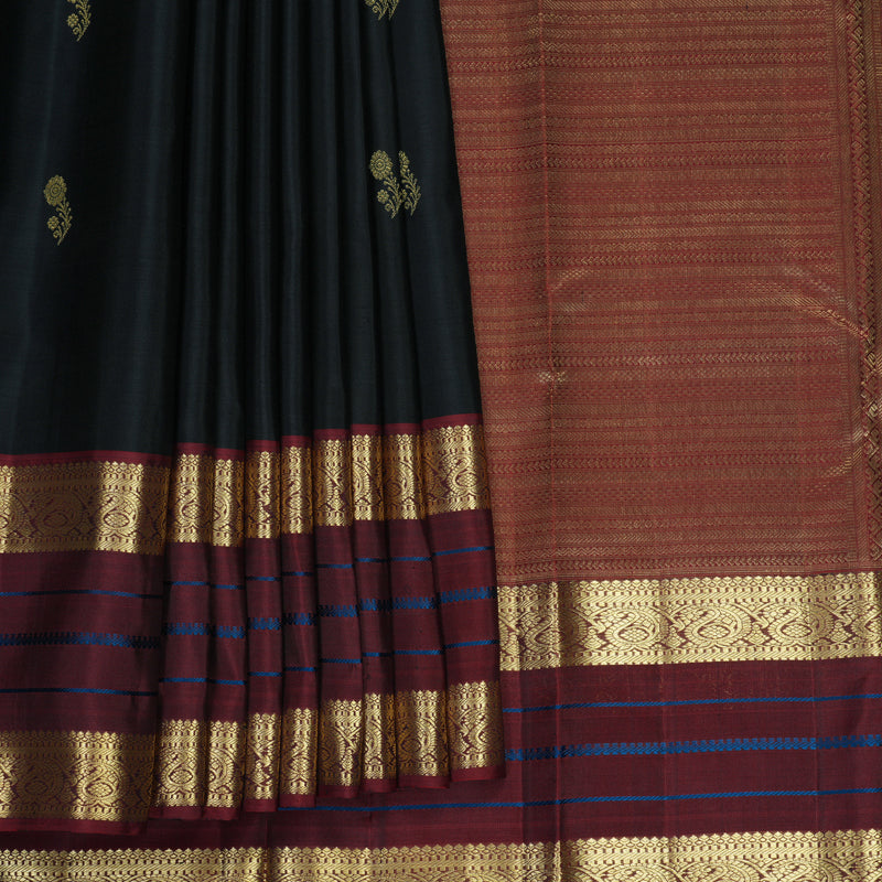 Hayagrivas Handloom Black Kanjivaram Silk Saree with Dark Maroon Border KBF969I6-7