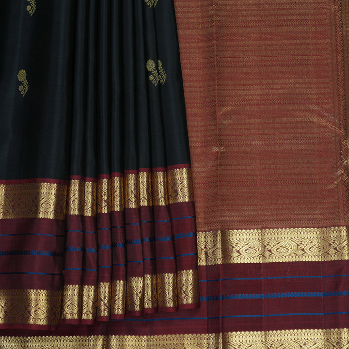 Hayagrivas Handloom Black Kanjivaram Silk Saree with Dark Maroon Border KBF969I6-7