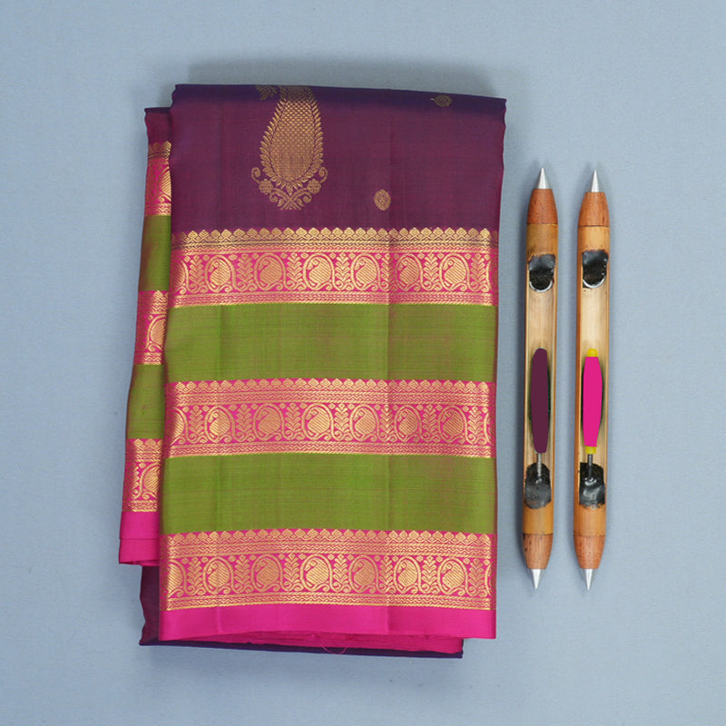 Hayagrivas Handloom Purple Kanjivaram Silk Saree with Pink &amp; Manthalir Border KBF969I7-11