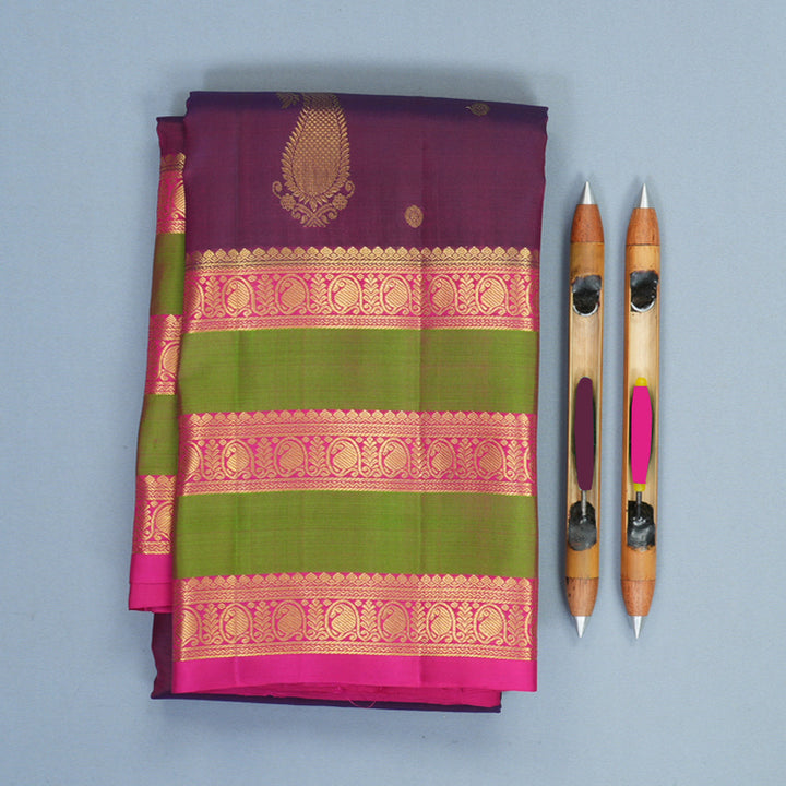 Hayagrivas Handloom Purple Kanjivaram Silk Saree with Pink &amp; Manthalir Border KBF969I7-11