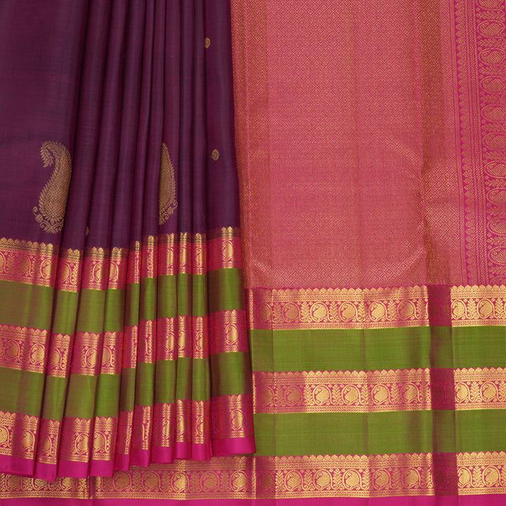 Hayagrivas Handloom Purple Kanjivaram Silk Saree with Pink &amp; Manthalir Border KBF969I7-11