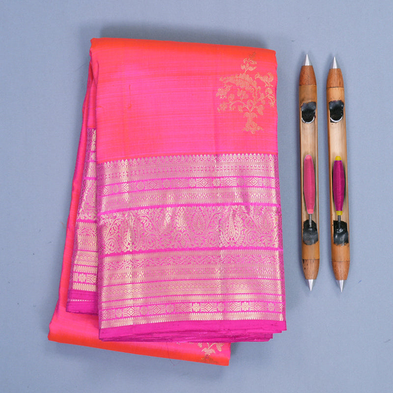 Hayagrivas Handloom Orangish-Pink Kanjivaram Silk Saree with Rani Pink Border KBF969I7-13