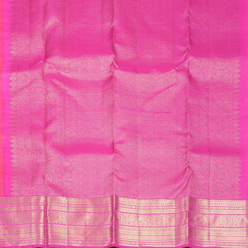 Hayagrivas Handloom Orangish-Pink Kanjivaram Silk Saree with Rani Pink Border KBF969I7-13