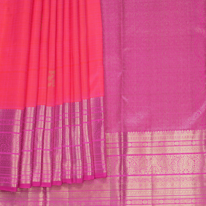 Hayagrivas Handloom Orangish-Pink Kanjivaram Silk Saree with Rani Pink Border KBF969I7-13