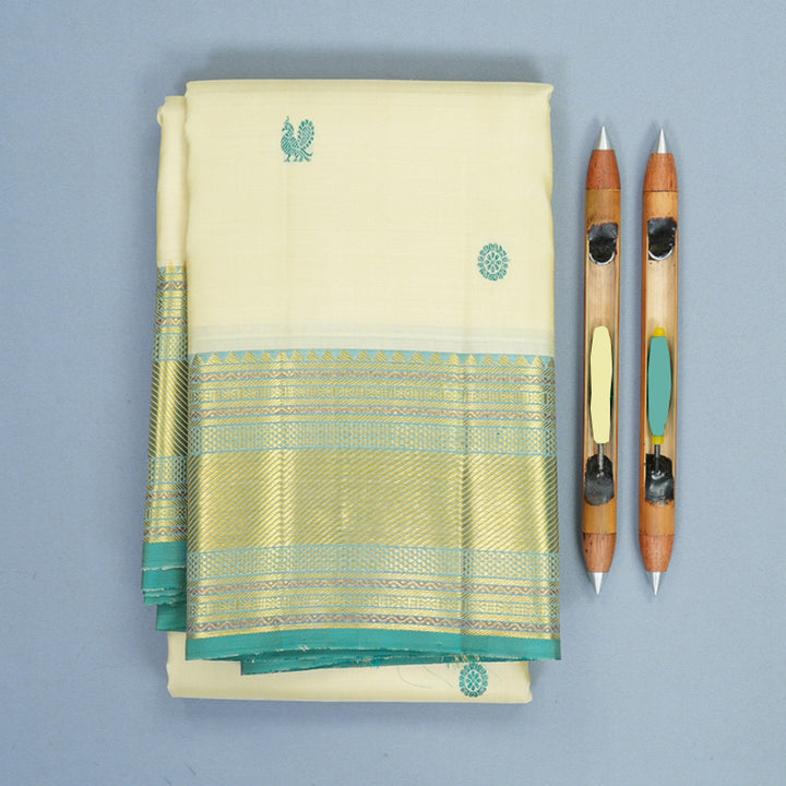 Hayagrivas Handloom Half-White Kanjivaram Silk Saree with Teal Green Border KBF969I7-7
