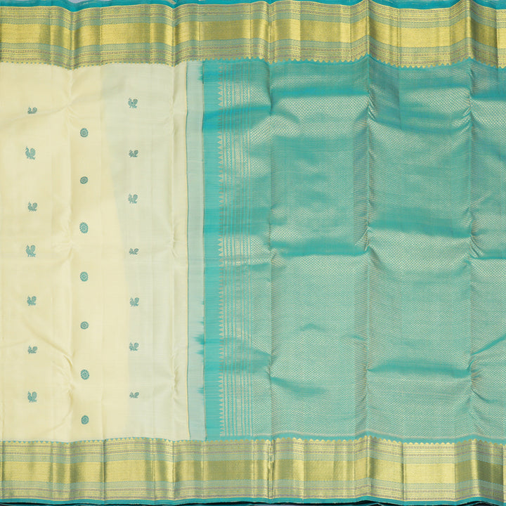 Hayagrivas Handloom Half-White Kanjivaram Silk Saree with Teal Green Border KBF969I7-7