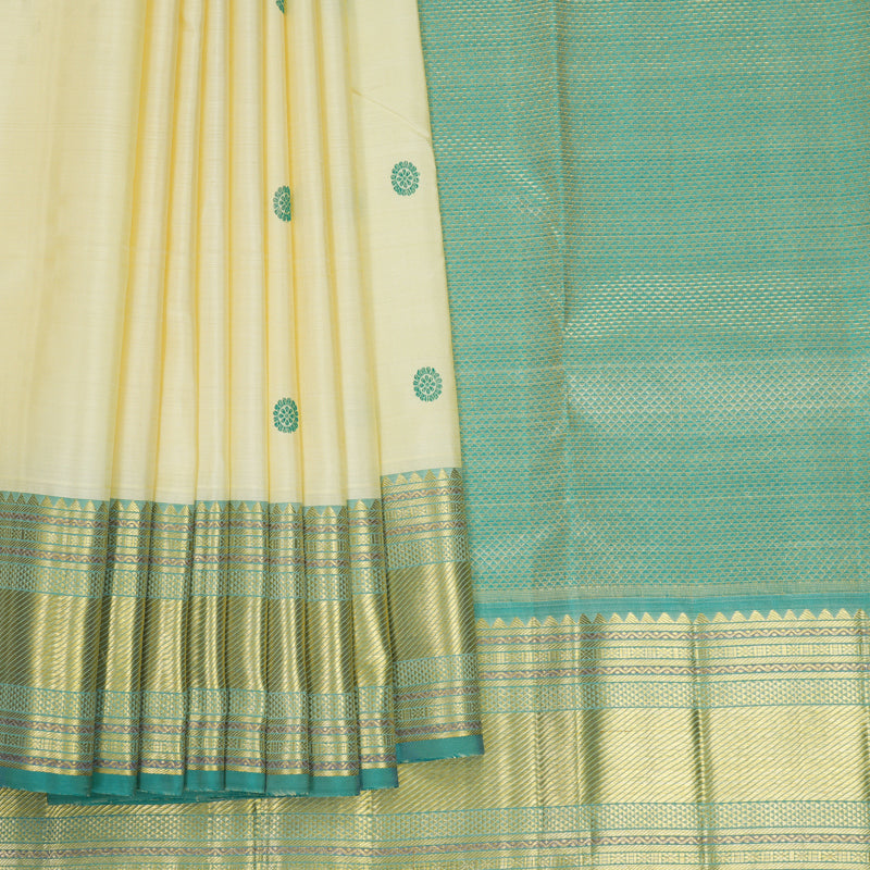 Hayagrivas Handloom Half-White Kanjivaram Silk Saree with Teal Green Border KBF969I7-7