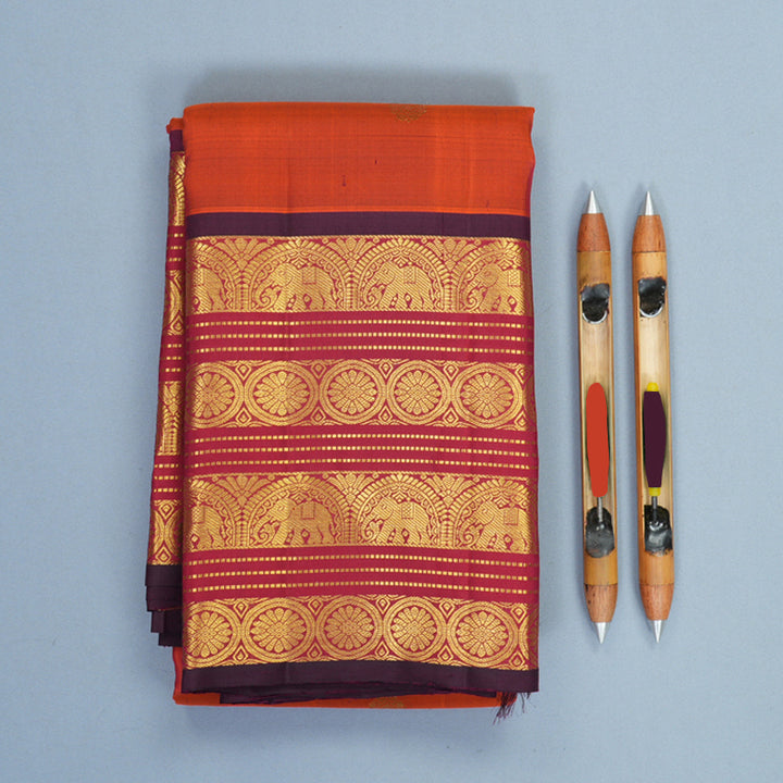 Hayagrivas Handloom Rust Orange Kanjivaram Silk Saree with Maroon Border KBF969I9-2