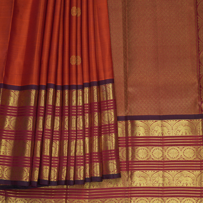 Hayagrivas Handloom Rust Orange Kanjivaram Silk Saree with Maroon Border KBF969I9-2