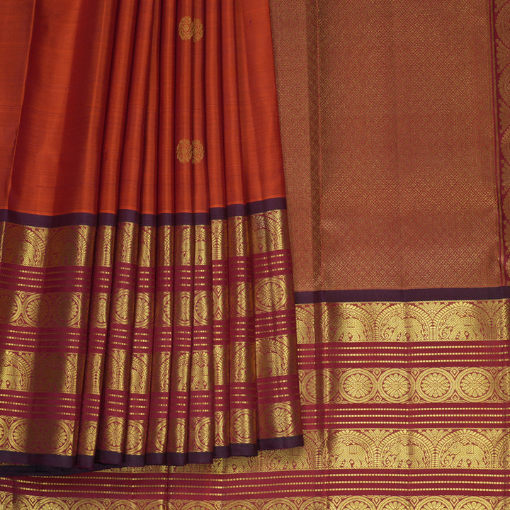 Hayagrivas Handloom Rust Orange Kanjivaram Silk Saree with Maroon Border KBF969I9-2