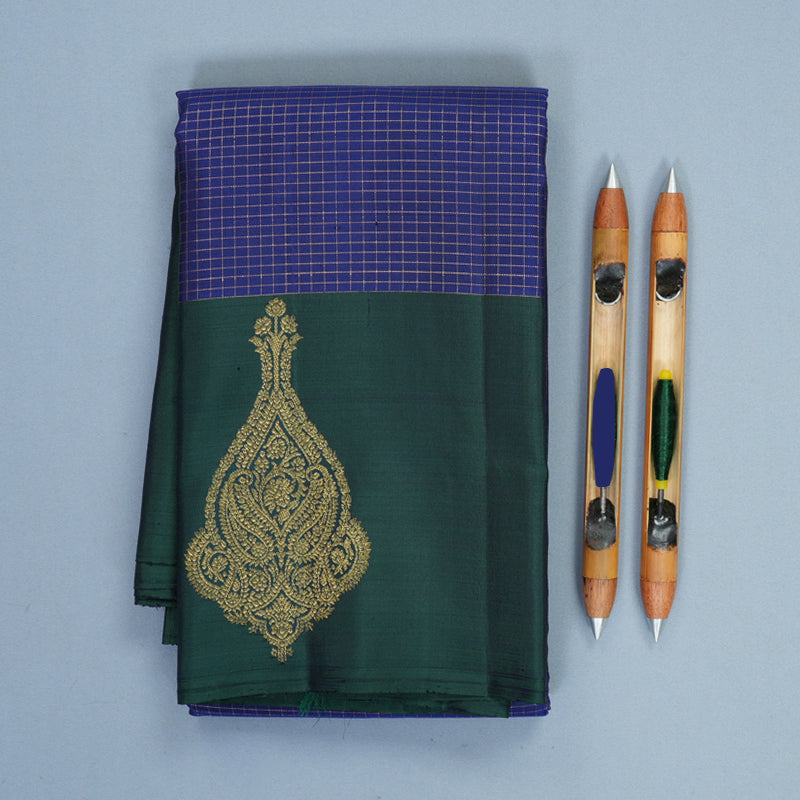 Hayagrivas Handloom Dark Blue Kanjivaram Silk Saree with Peacock Green Border KBF969I9-4