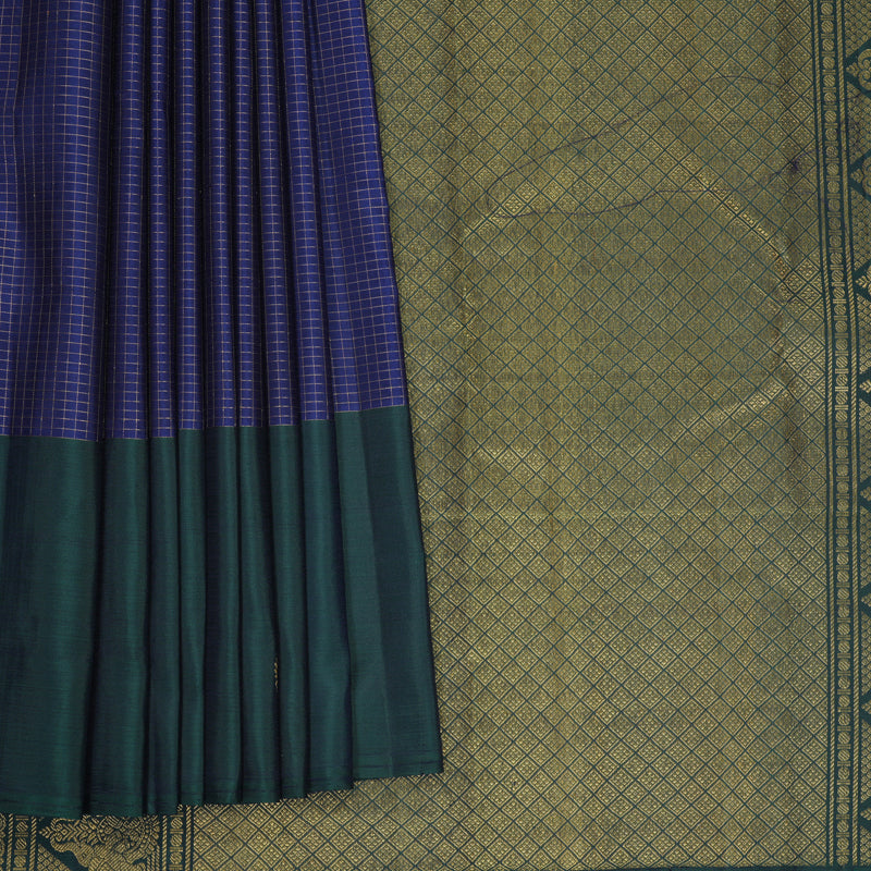 Hayagrivas Handloom Dark Blue Kanjivaram Silk Saree with Peacock Green Border KBF969I9-4