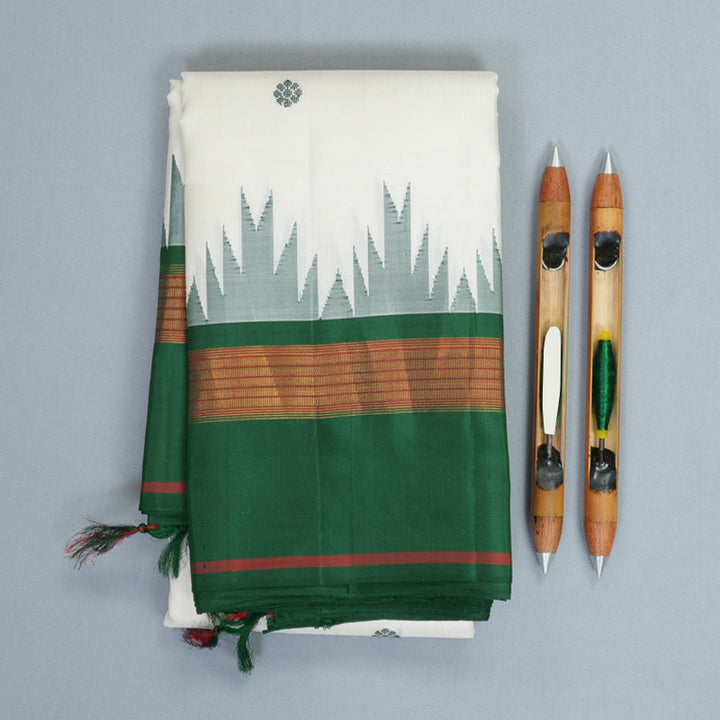 Hayagrivas Handloom White Kanjivaram Silk Saree with Bottle Green Border KBF970I1-2