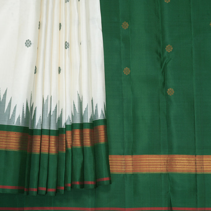 Hayagrivas Handloom White Kanjivaram Silk Saree with Bottle Green Border KBF970I1-2