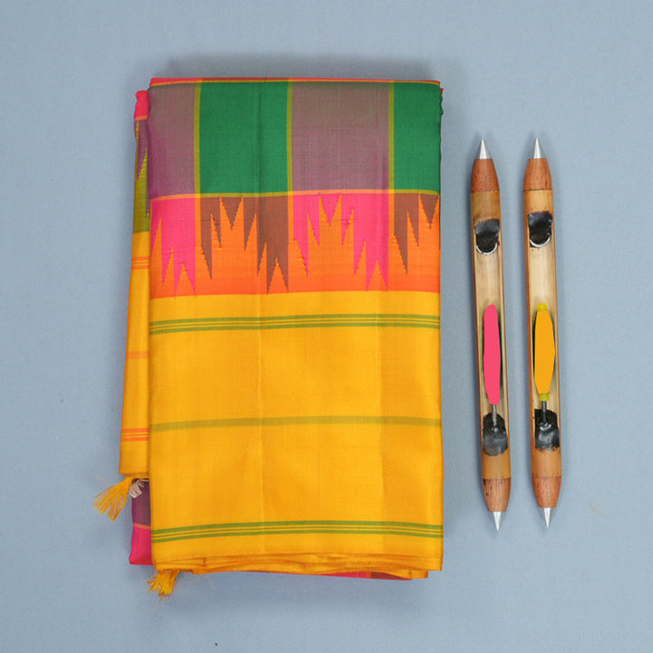 Hayagrivas Handloom Multicolour Checks Kanjivaram Silk Saree with Mustard Yellow Border KBF970I2-2