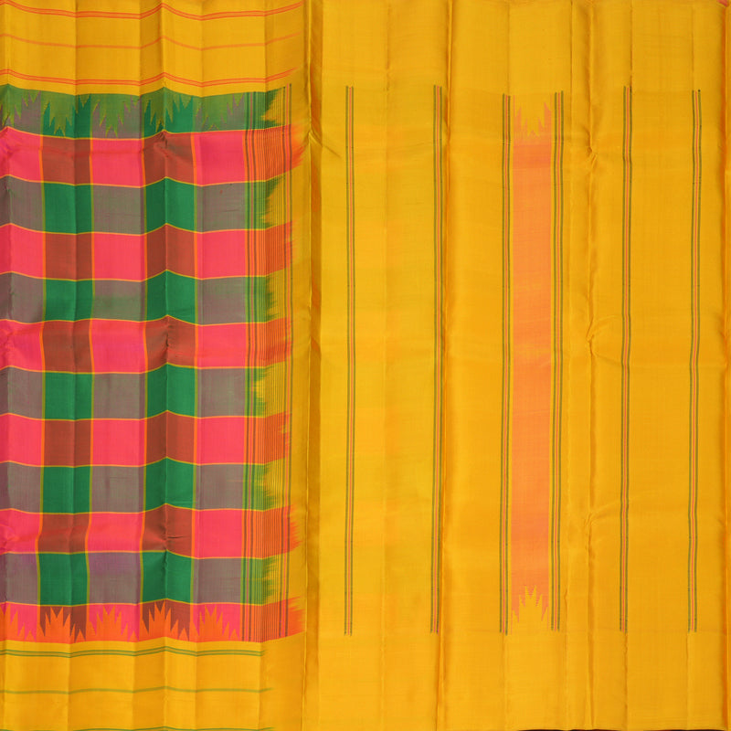 Hayagrivas Handloom Multicolour Checks Kanjivaram Silk Saree with Mustard Yellow Border KBF970I2-2