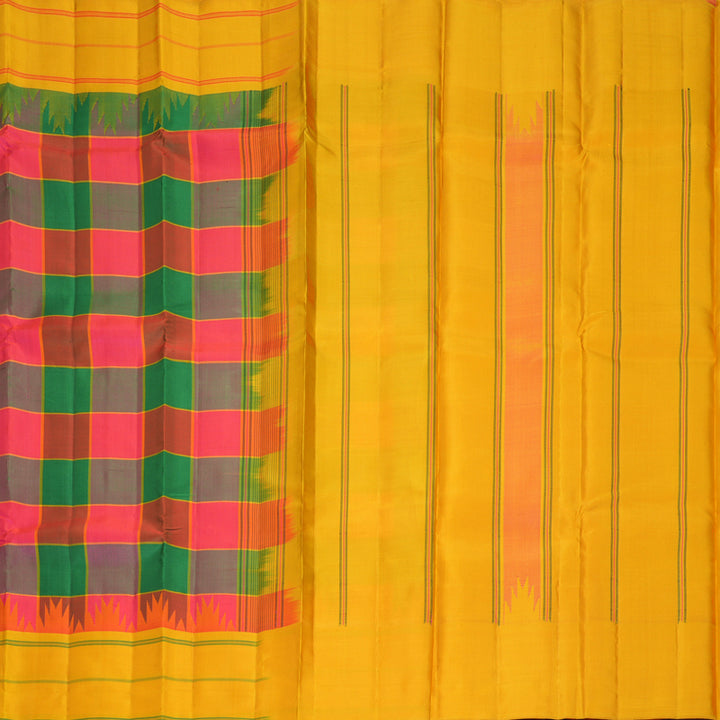 Hayagrivas Handloom Multicolour Checks Kanjivaram Silk Saree with Mustard Yellow Border KBF970I2-2