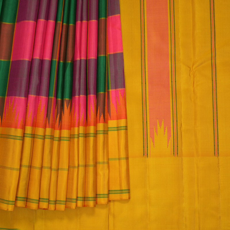 Hayagrivas Handloom Multicolour Checks Kanjivaram Silk Saree with Mustard Yellow Border KBF970I2-2