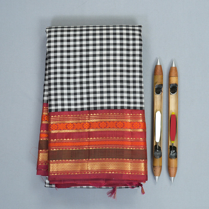 Hayagrivas Handloom Black &amp; White Checks Kanjivaram Silk Saree with Red Border KBF972I5-1