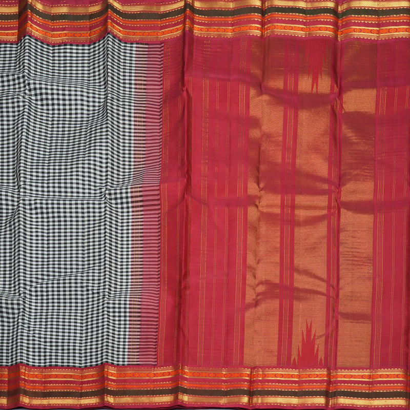 Hayagrivas Handloom Black &amp; White Checks Kanjivaram Silk Saree with Red Border KBF972I5-1