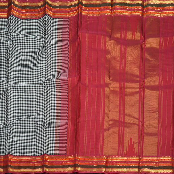Hayagrivas Handloom Black &amp; White Checks Kanjivaram Silk Saree with Red Border KBF972I5-1