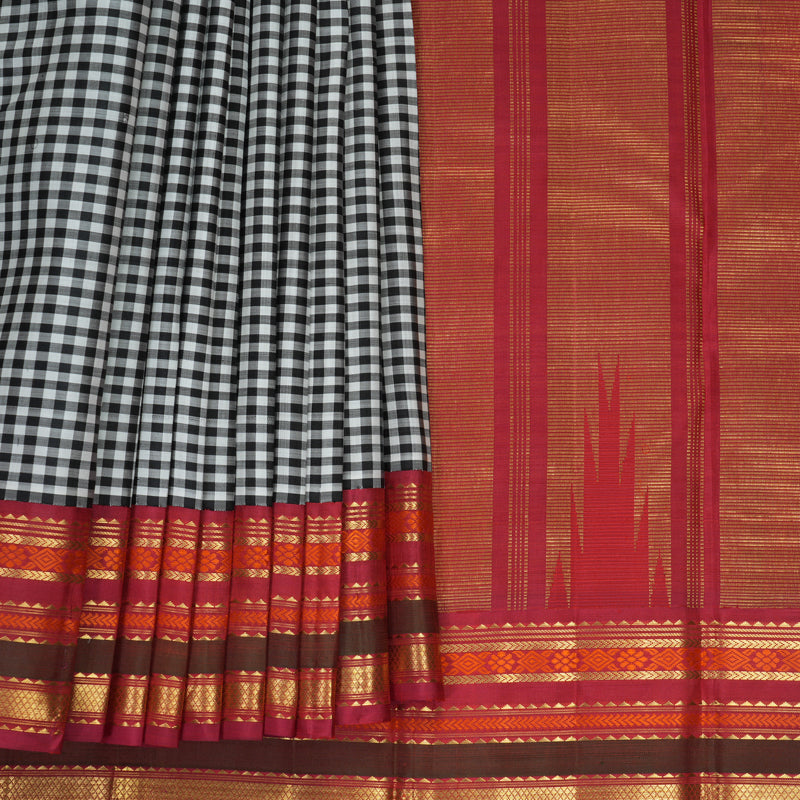 Hayagrivas Handloom Black &amp; White Checks Kanjivaram Silk Saree with Red Border KBF972I5-1