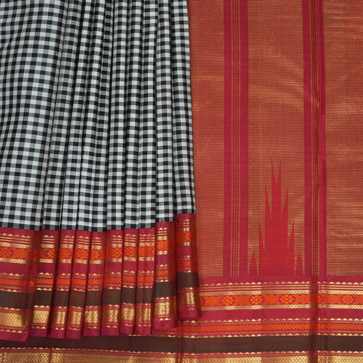 Hayagrivas Handloom Black &amp; White Checks Kanjivaram Silk Saree with Red Border KBF972I5-1
