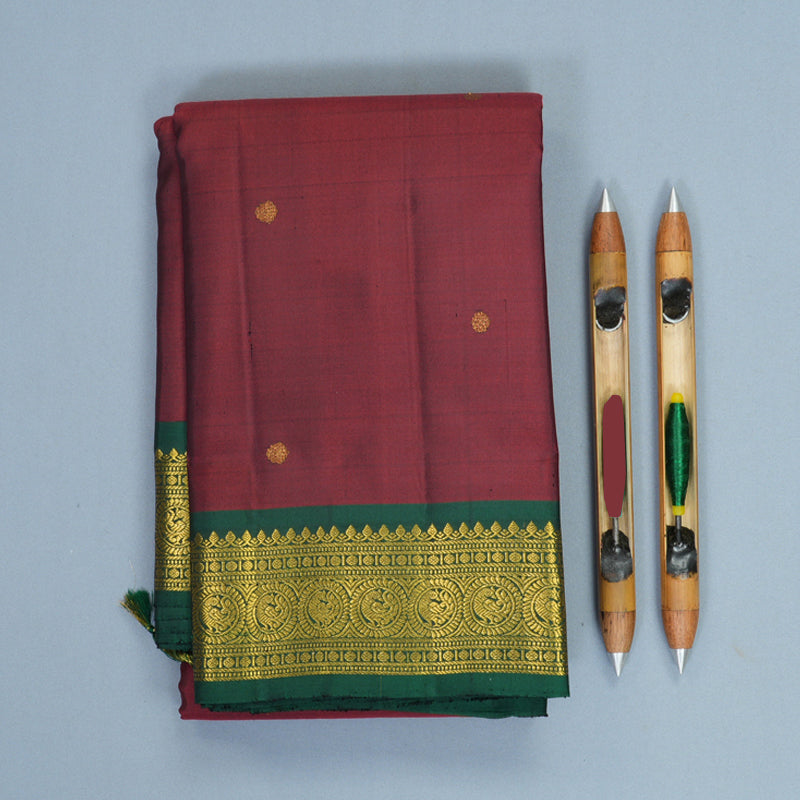 Hayagrivas Handloom Kum Kum Maroon Kanjivaram Silk Saree with Bottle Green Border KBF973I3-1