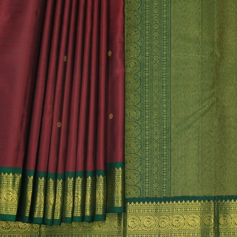 Hayagrivas Handloom Kum Kum Maroon Kanjivaram Silk Saree with Bottle Green Border KBF973I3-1