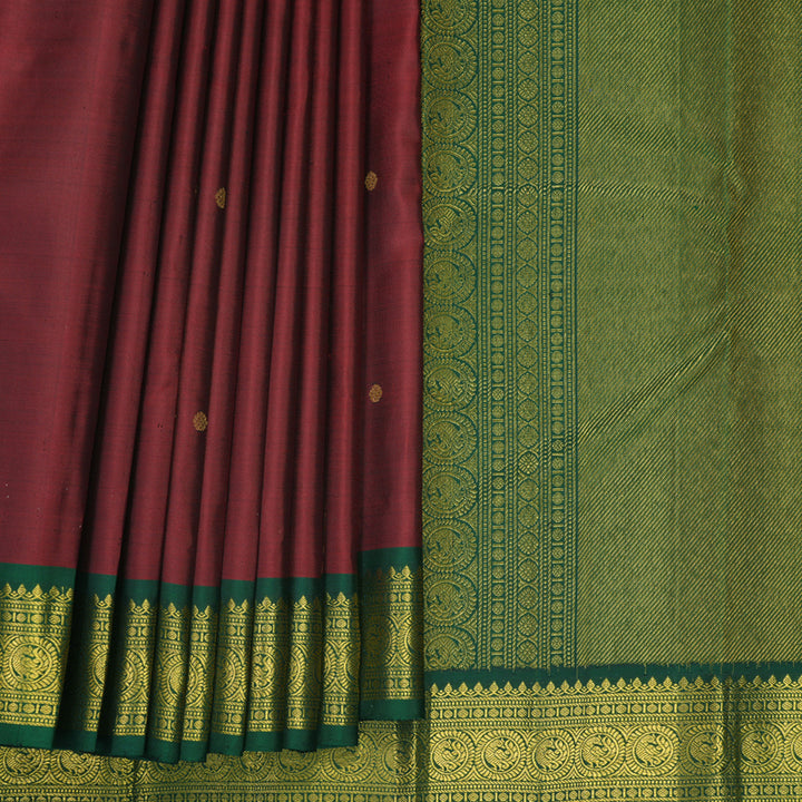 Hayagrivas Handloom Kum Kum Maroon Kanjivaram Silk Saree with Bottle Green Border KBF973I3-1