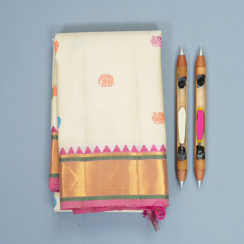 Hayagrivas Handloom Half-White Kanjivaram Silk Saree with Pink Border KBF973I4-2