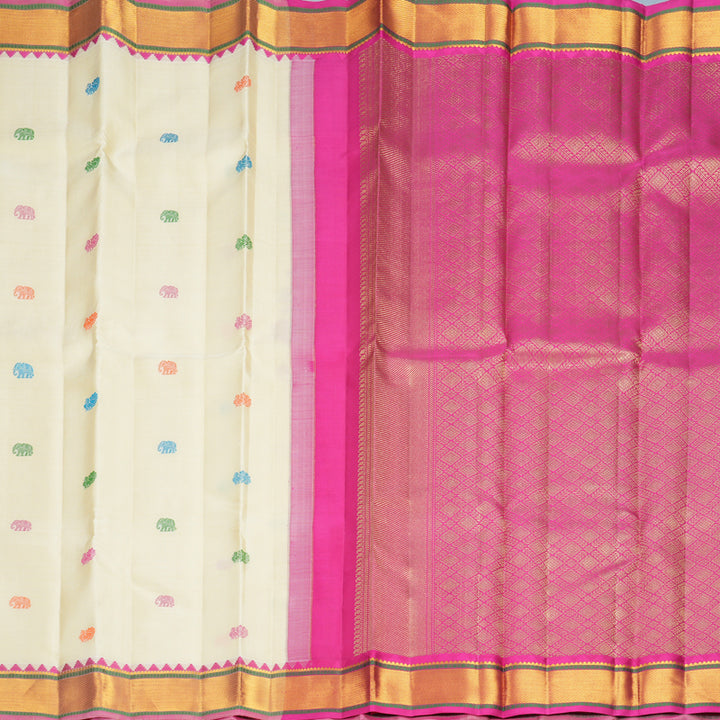 Hayagrivas Handloom Half-White Kanjivaram Silk Saree with Pink Border KBF973I4-2
