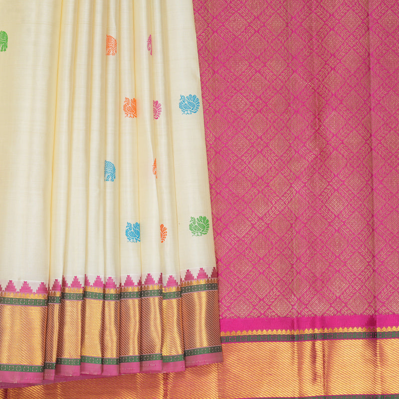 Hayagrivas Handloom Half-White Kanjivaram Silk Saree with Pink Border KBF973I4-2