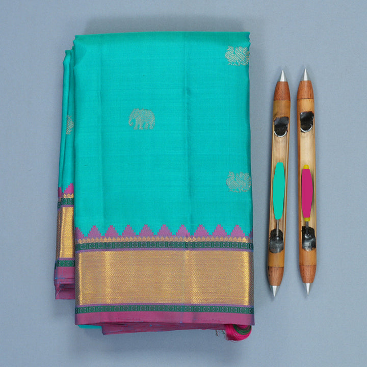 Hayagrivas Handloom Teal Kanjivaram Silk Saree with Purple Border KBF973I4-3