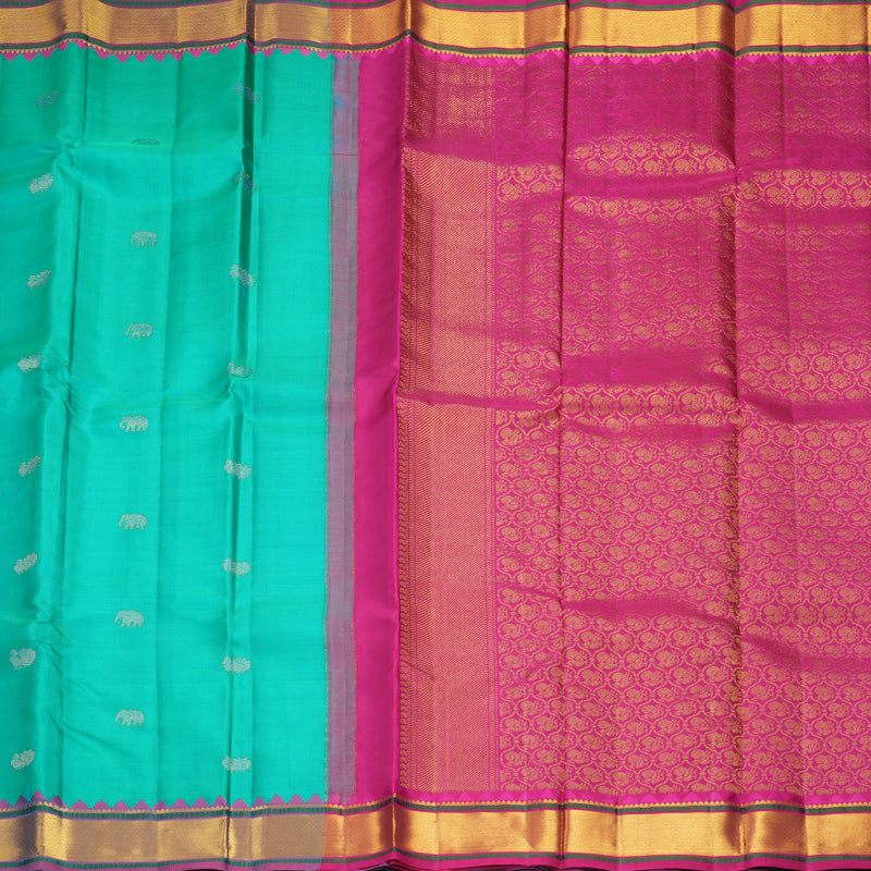 Hayagrivas Handloom Teal Kanjivaram Silk Saree with Purple Border KBF973I4-3