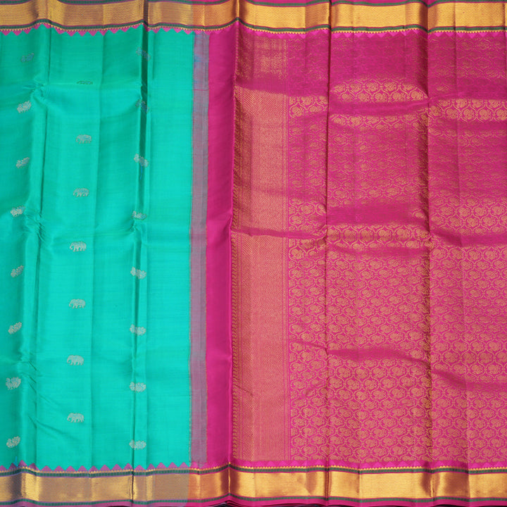 Hayagrivas Handloom Teal Kanjivaram Silk Saree with Purple Border KBF973I4-3