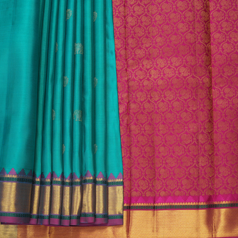 Hayagrivas Handloom Teal Kanjivaram Silk Saree with Purple Border KBF973I4-3