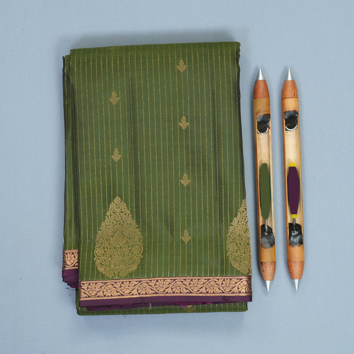 Hayagrivas Handloom Mehandi Green Kanjivaram Silk Saree with Purple Border KBF977I12-3