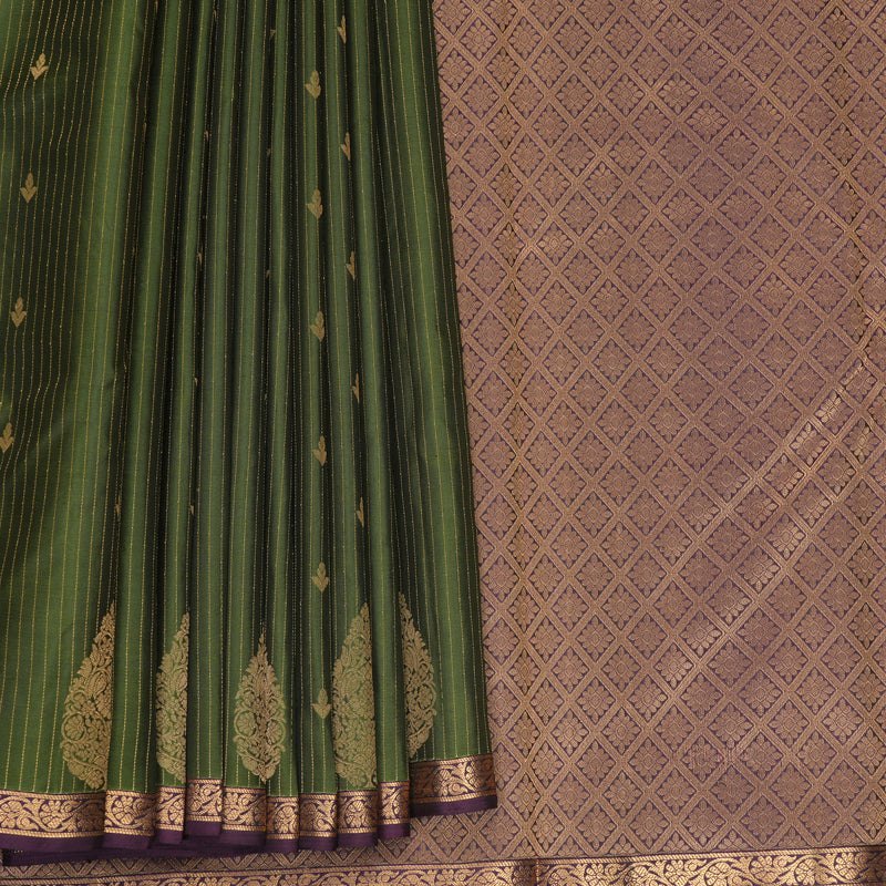 Hayagrivas Handloom Mehandi Green Kanjivaram Silk Saree with Purple Border KBF977I12-3