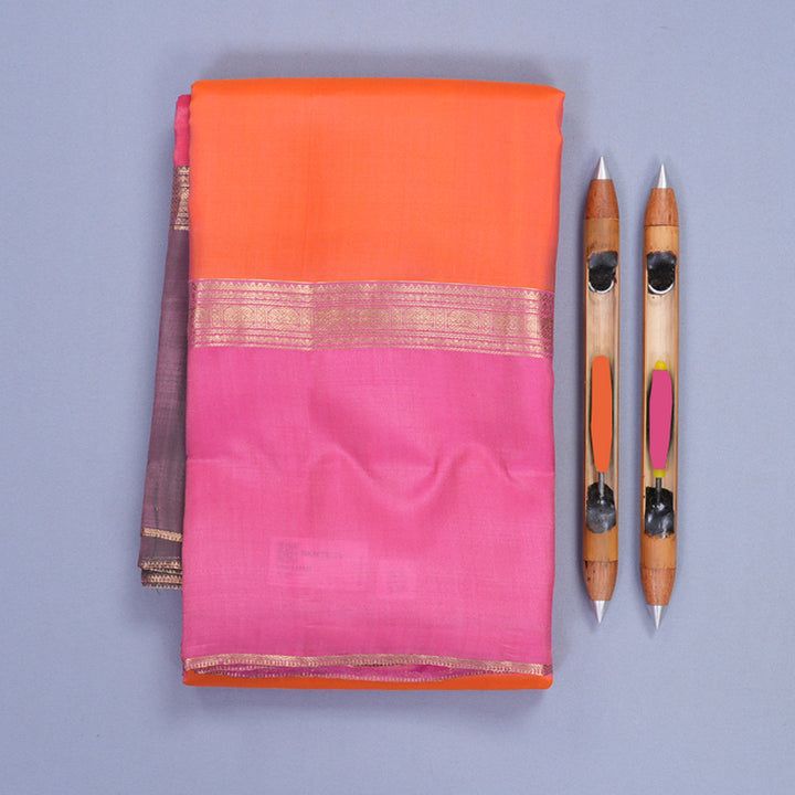 Hayagrivas Handloom Peach Orange Kanjivaram Silk Saree with Ganga Jamuna Border KBF977I23-1