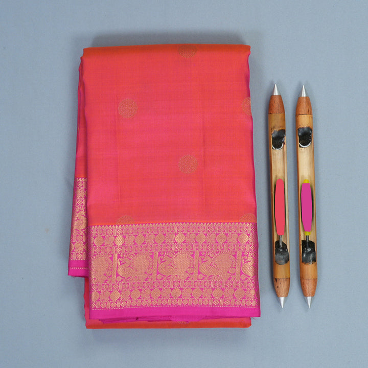 Hayagrivas Handloom Orangish-Pink Kanjivaram Silk Saree with Rani Pink Border KBF977I24-5