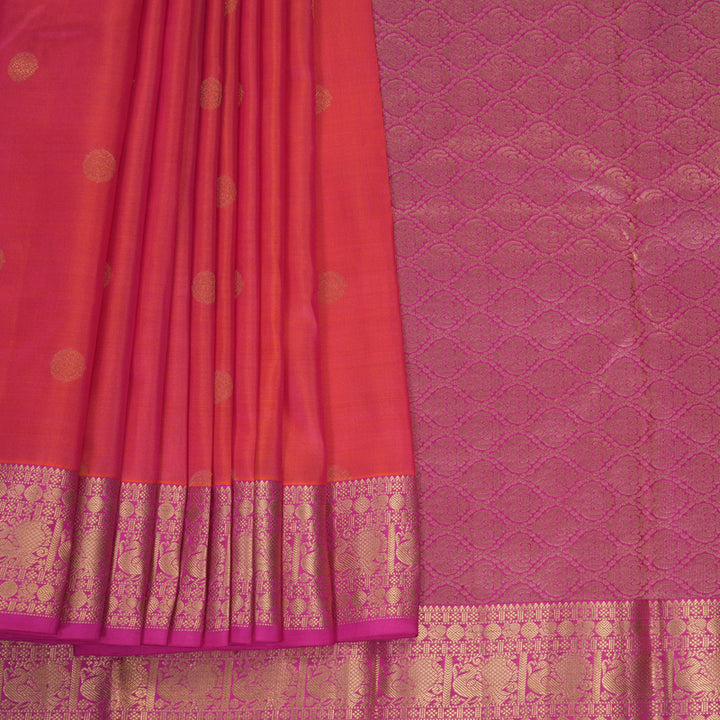 Hayagrivas Handloom Orangish-Pink Kanjivaram Silk Saree with Rani Pink Border KBF977I24-5