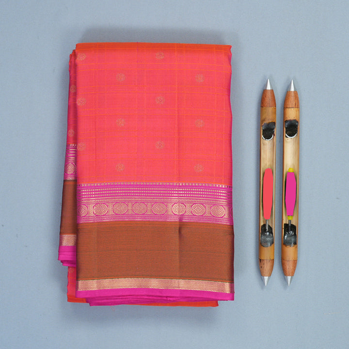Hayagrivas Handloom Orangish-Pink Kanjivaram Silk Saree with Mehandi Green Border KBF977I25-2