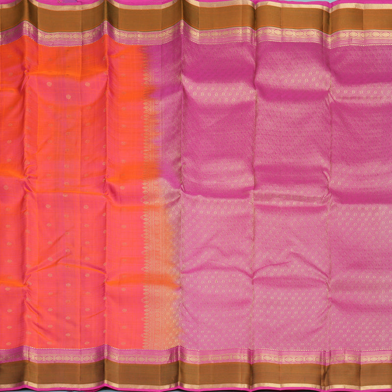 Hayagrivas Handloom Orangish-Pink Kanjivaram Silk Saree with Mehandi Green Border KBF977I25-2
