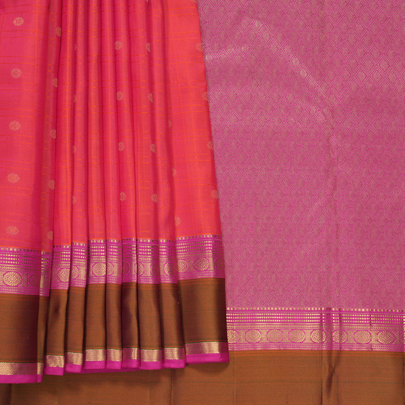 Hayagrivas Handloom Orangish-Pink Kanjivaram Silk Saree with Mehandi Green Border KBF977I25-2