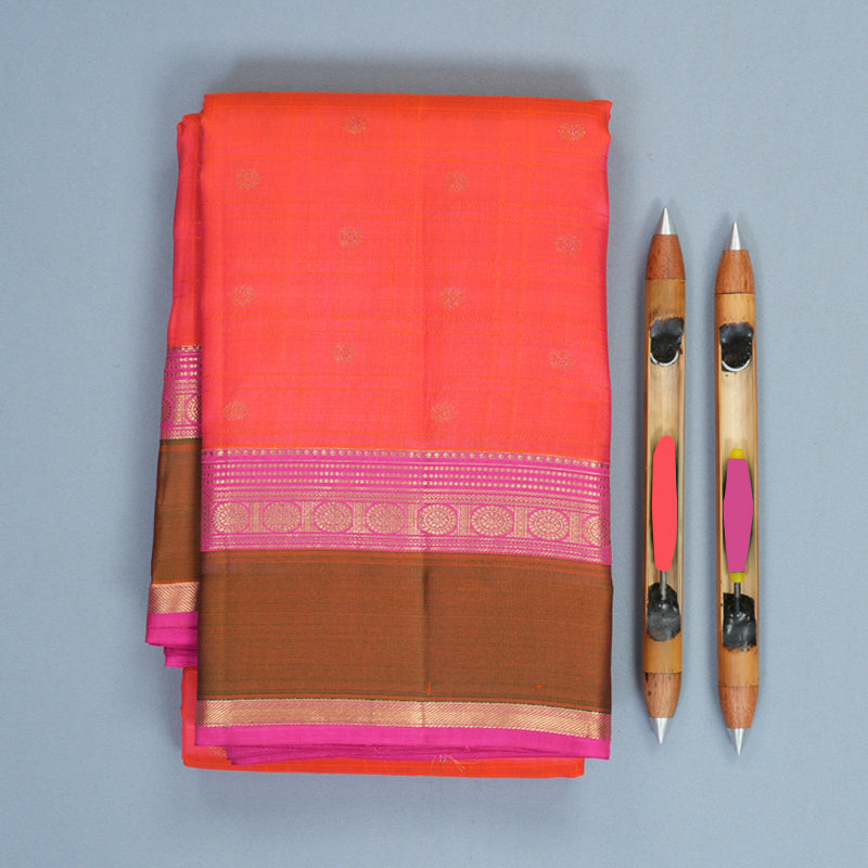 Hayagrivas Handloom Bright Orangish-Pink Kanjivaram Silk Saree with Mehandi Green Border KBF977I25-5