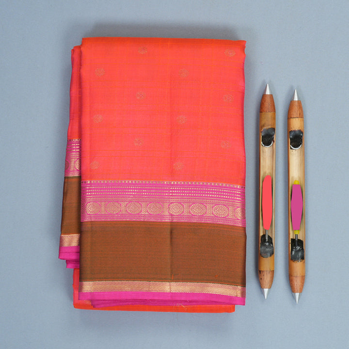 Hayagrivas Handloom Bright Orangish-Pink Kanjivaram Silk Saree with Mehandi Green Border KBF977I25-5